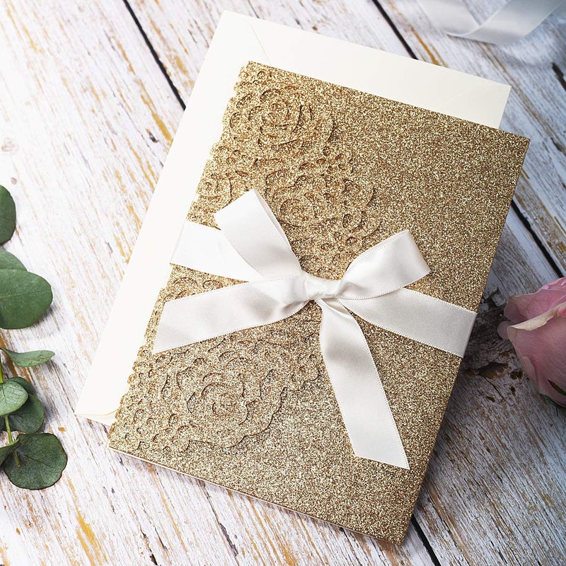 KUCHYNEE 5.1 x7.1 inch 20PCS Blank Gold Glitter Laser Cut wedding invitations with Envelopes and RSVP Hollow Rose Pocket With Ribbon Invitation Cards for Wedding Invite - Image 4